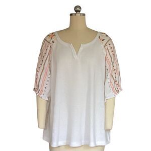 Cato Women's XL White Floral Embroidered Peasant Blouse
